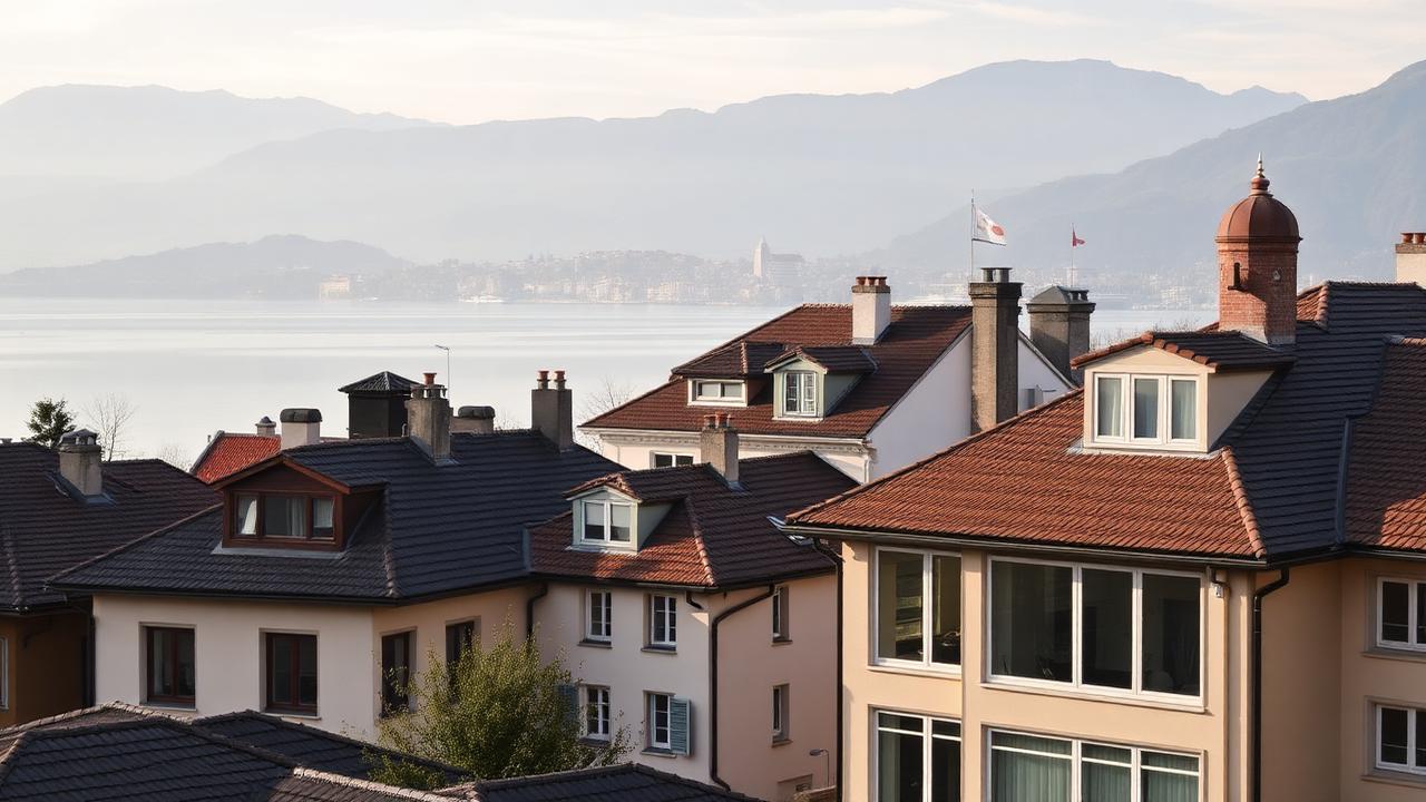 Image illustrative : toits et façades vitrées d'une ville de la Riviera au bord du Léman